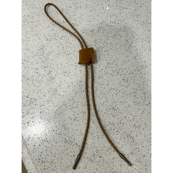 Vtg BOLO Neck Tie-Polished Topaz Color Stone-Cream Braided Leather/Silver Tips - Picture 6 of 6